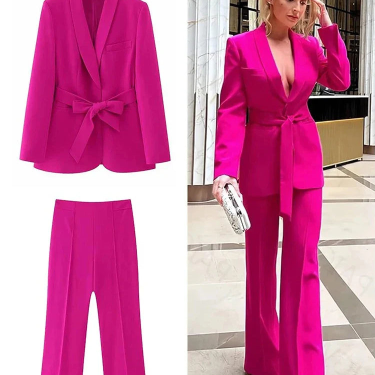 TRAFZA Women's Casual Blazer Chic Outerwear  Elegant Flared Trousers Long Sleeve V-Neck Belted Office Commuter Suit Set