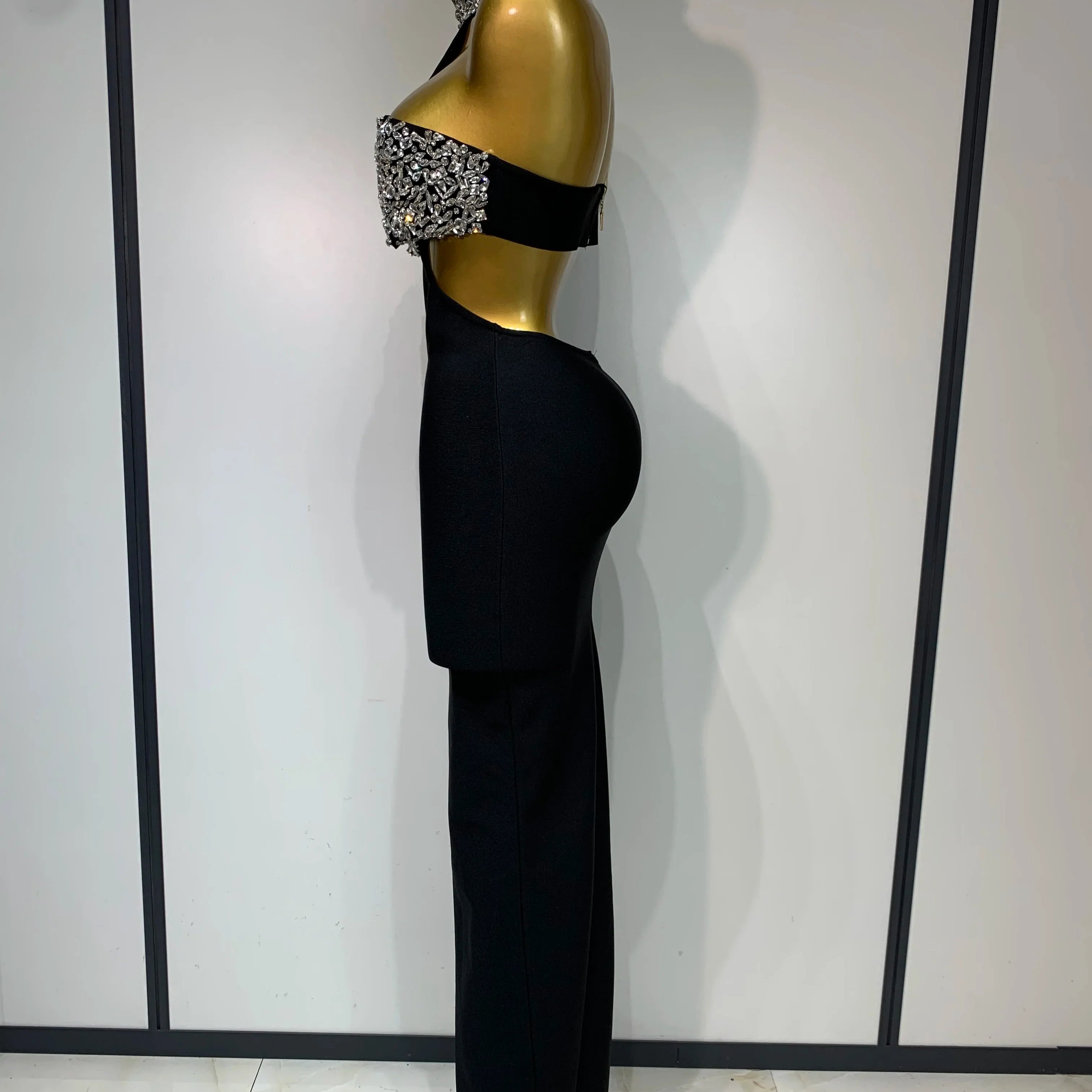 Women Sexy Backless Sparkly Crystal Diamonds Black Bodycon Bandage Dress Celebrity Elegant Evening Club Party Birthday Dresses