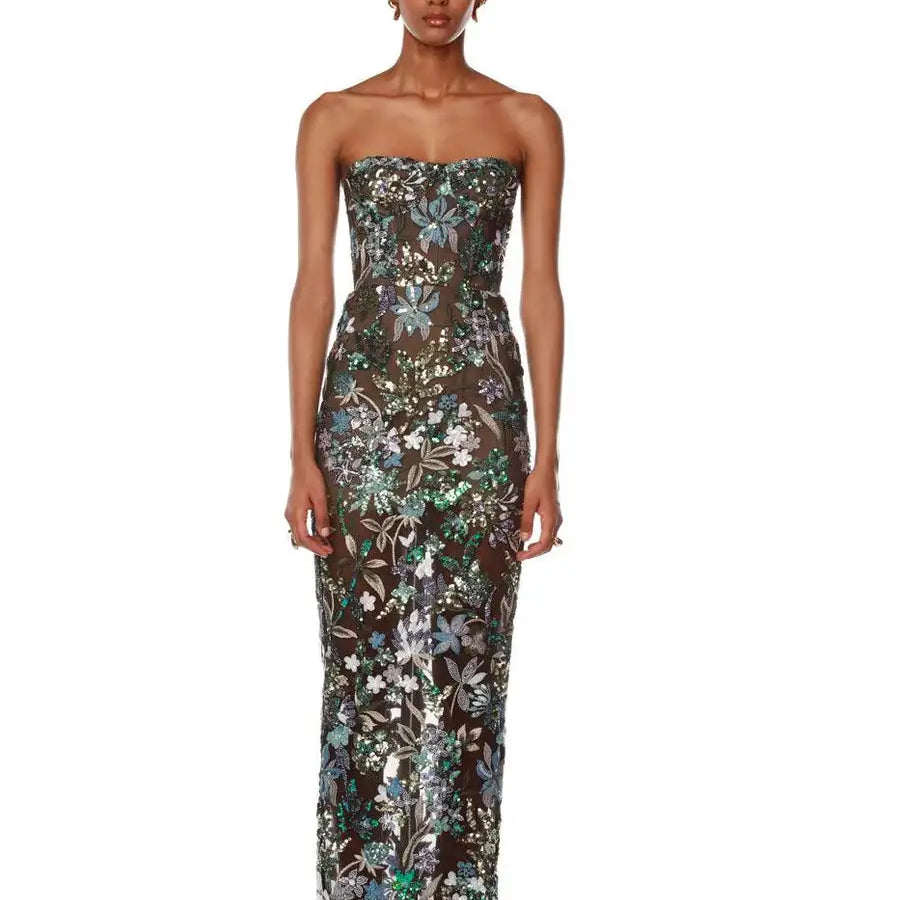 Sequin Flowers Embroidery Sexy Mesh See Through Strapless Ankle Length Dress Woman Party Evening Dress Celebrity Party Outfit