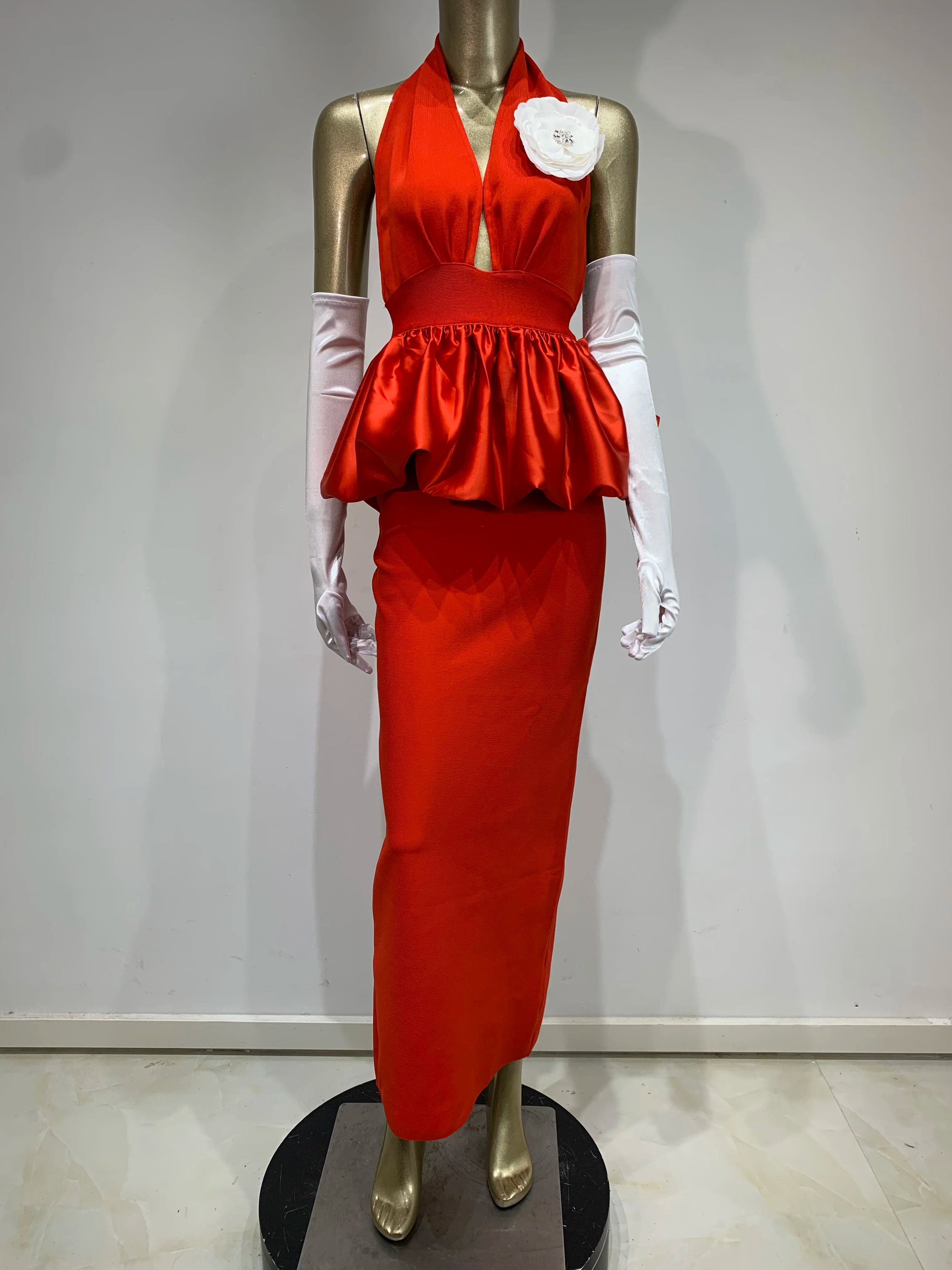 Women Celebrity Sexy Halter Backless Red Flower Maxi Long Bodycon Bandage Dress 2025 Elegant Evening Club Party Dress