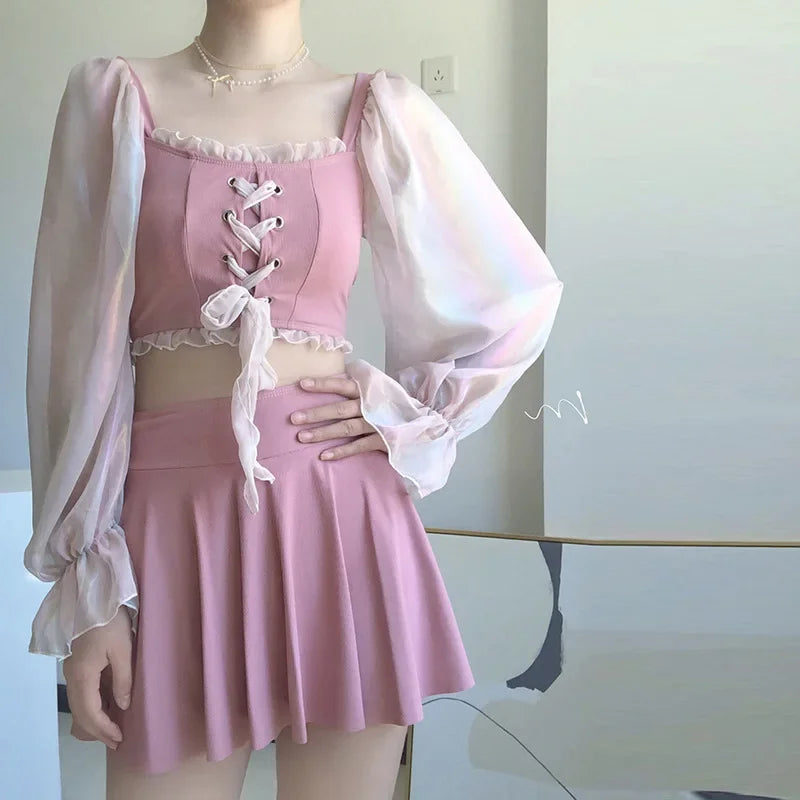 New Korean 2 Pieces Swimsuit Women Short Skirt Net Bikini Band Hollowed Out Bikini Bow High Waisted Bikini Swimwear Pink