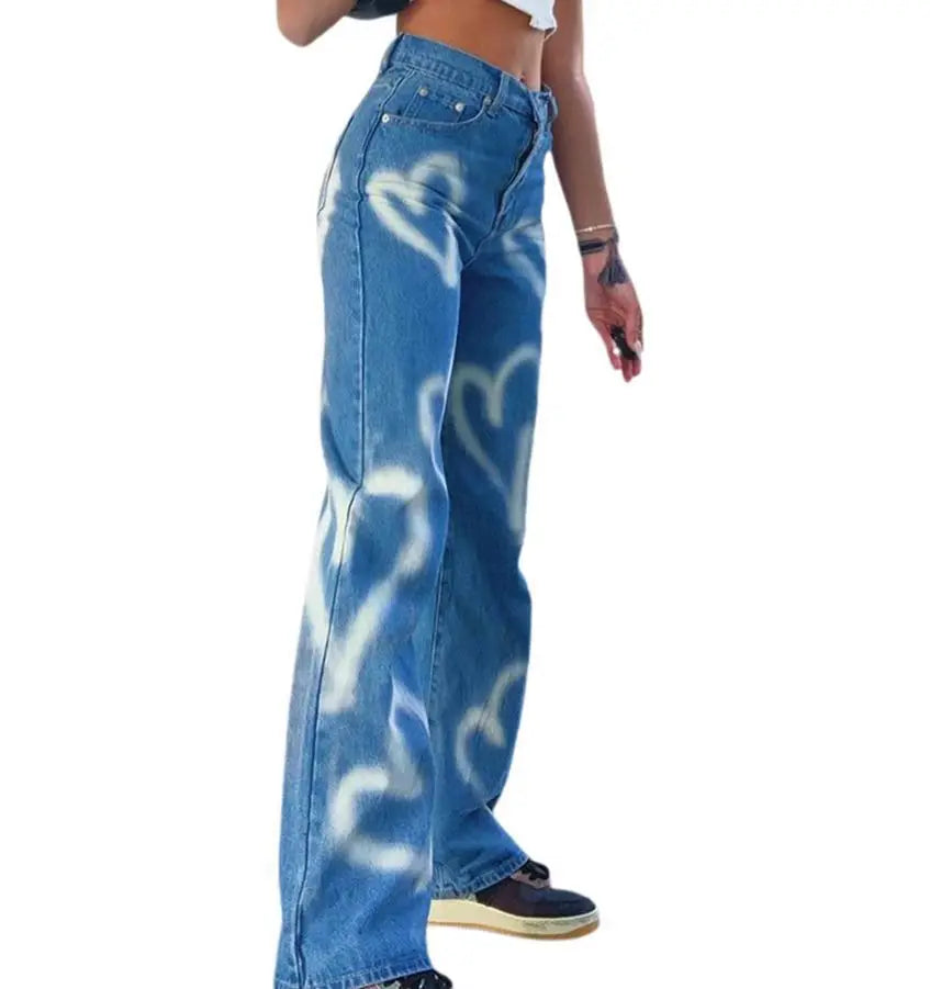 Casual Straight Brand Y2K Clothes Graffiti Printed Jeans Denim Streetwear Baggy Jeans Trousers Cropped Pants for Men