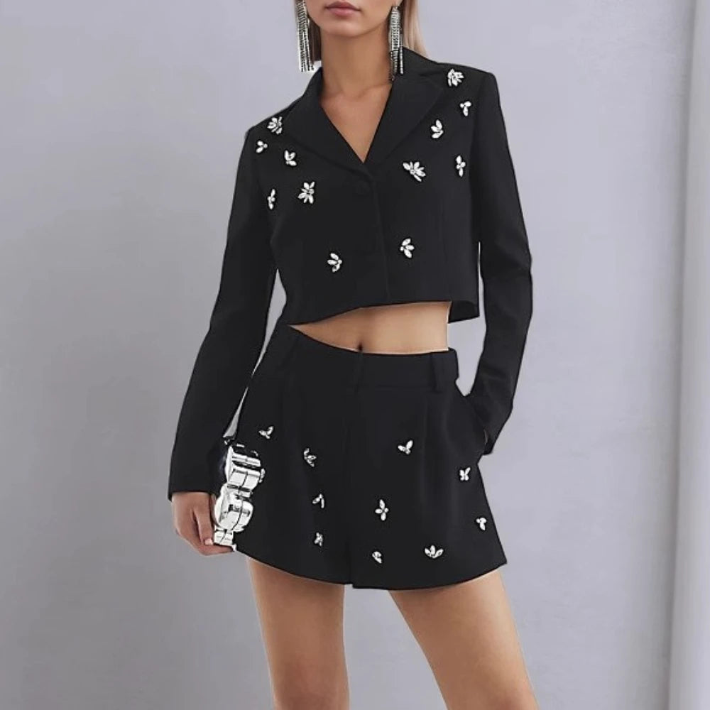 TWOTWINSTYLE Solid Spliced Bead Two Piece Sets for Women Lapel Long Sleeves Patchwork Single Breasted Top Shorts Set Female New