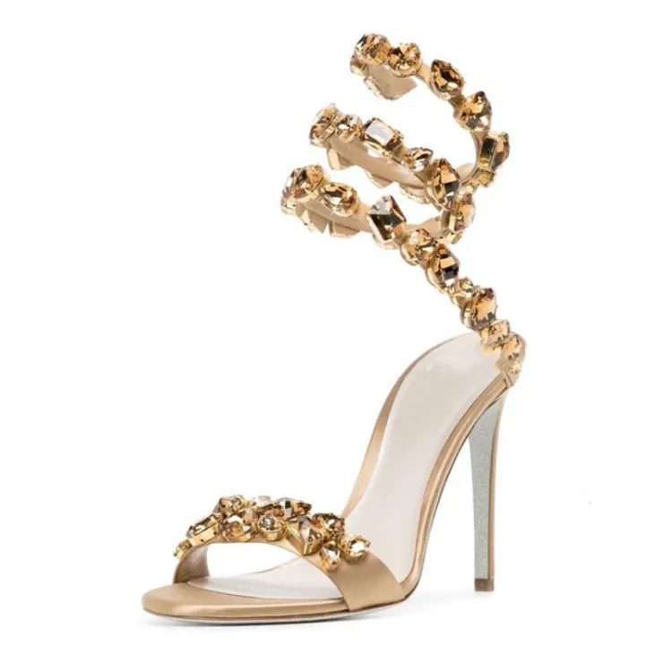 Women's High Heel Sandals Fashion Colored Diamond Snake Party Banquet Water Diamond Slim High Heels Apricot