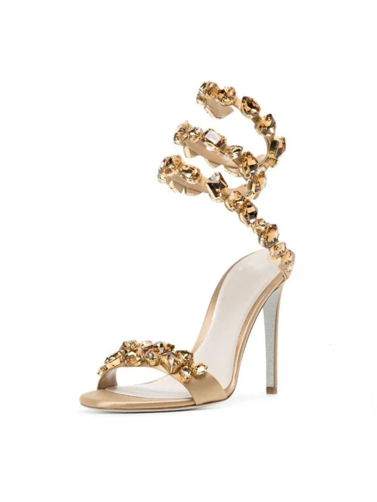 Women's High Heel Sandals Fashion Colored Diamond Snake Party Banquet Water Diamond Slim High Heels Apricot