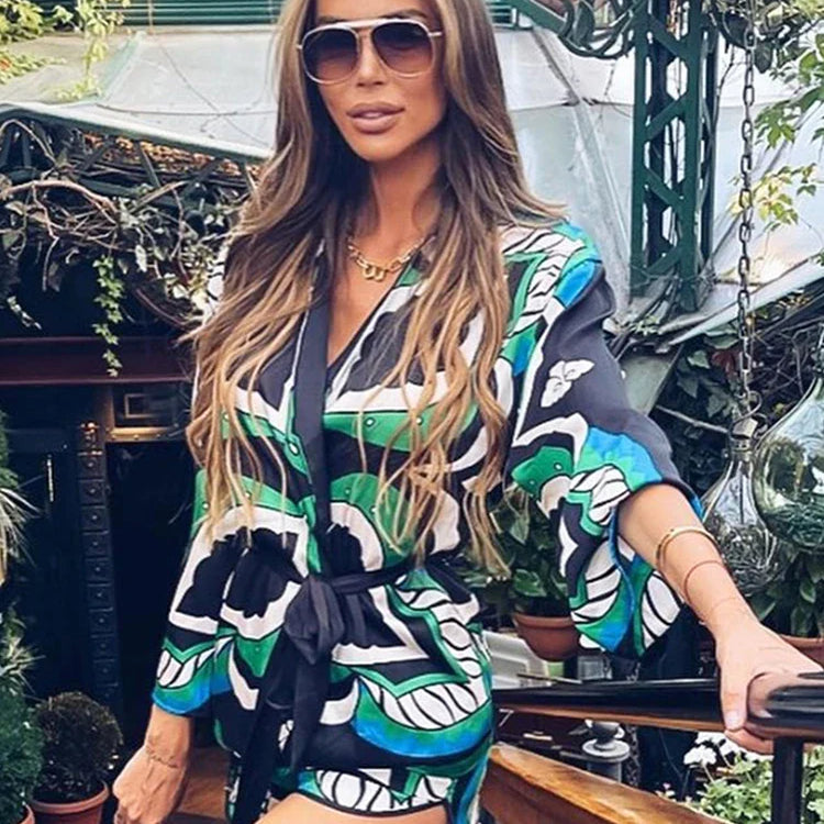 Foridol Oversized Green Print Boho Women Shorts Sets Shirts Shorts Pants Three Pieces Fashion Suits Matching Sets Summer