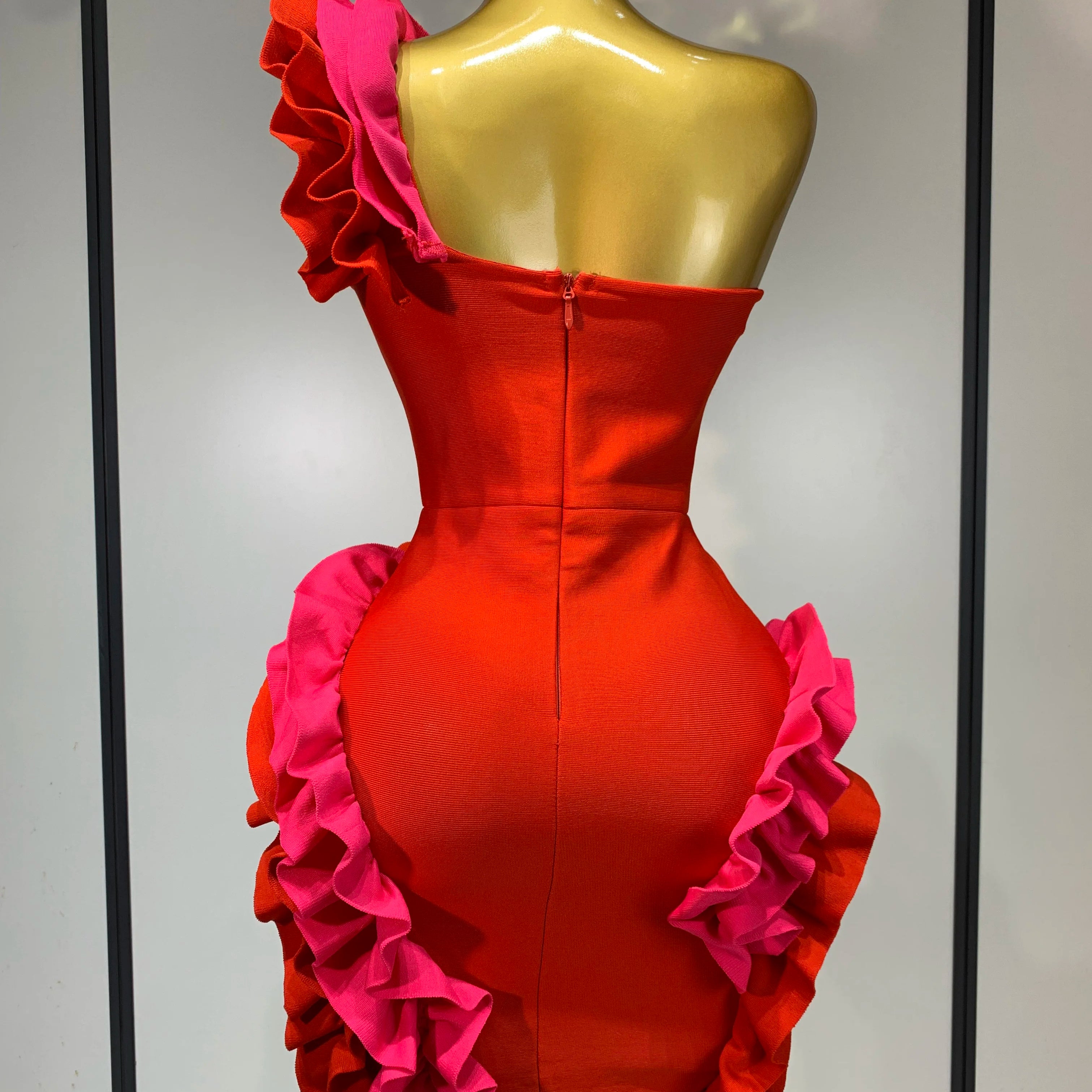 Women Sexy One Shoulder Red Ruffles Bodycon Bandage Dress 2025 Celebrity Elegant Evening Birthday Party Club Luxury Dresses