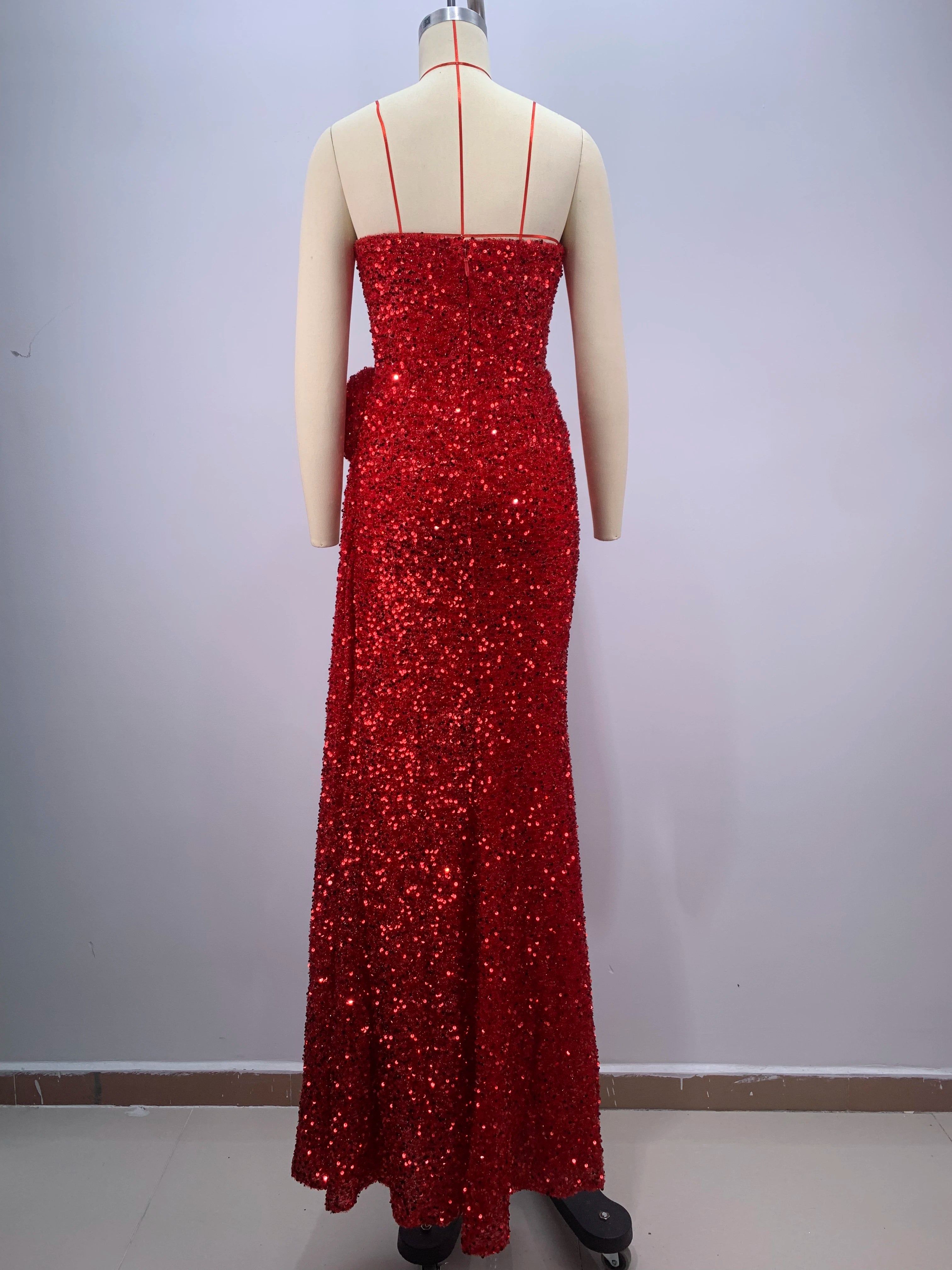 2024 New Arrival Red Color Women Sexy Strapless Shinning Sequins Floor-lenght Dress Wedding Party Celebrate Prom Dress Vestido