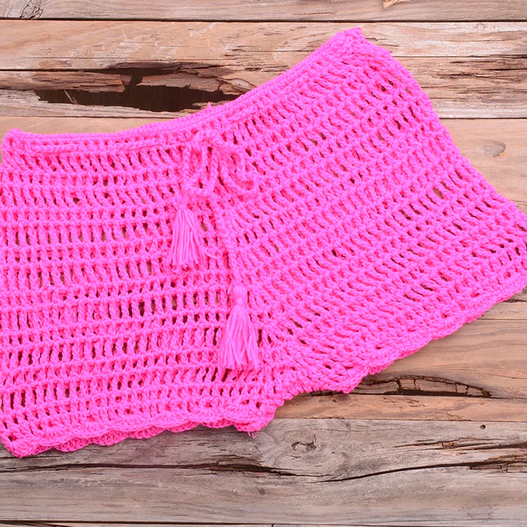 Crochet Hollow Out Tassel Beach Cover Up Sexy Women Mini Tops Beachwear Bikini Swimwear Bathing Suit Cover Up Rose Red Bottom One Size