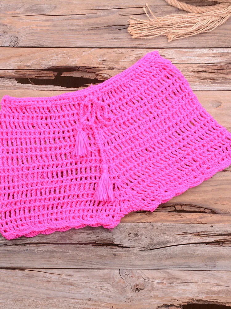 Crochet Hollow Out Tassel Beach Cover Up Sexy Women Mini Tops Beachwear Bikini Swimwear Bathing Suit Cover Up Rose Red Bottom One Size