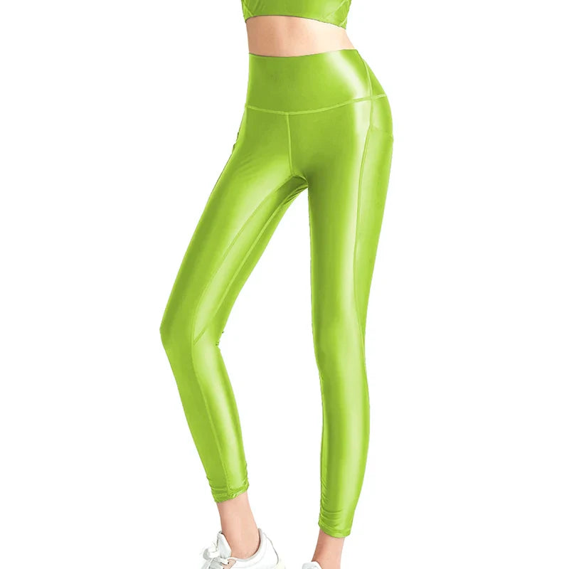 satin glossy Women's bathing suit vest Oil High Waist Pants Smooth Fitness Gloss Yoga Running Sweatwear gym set leggings fruit green pants