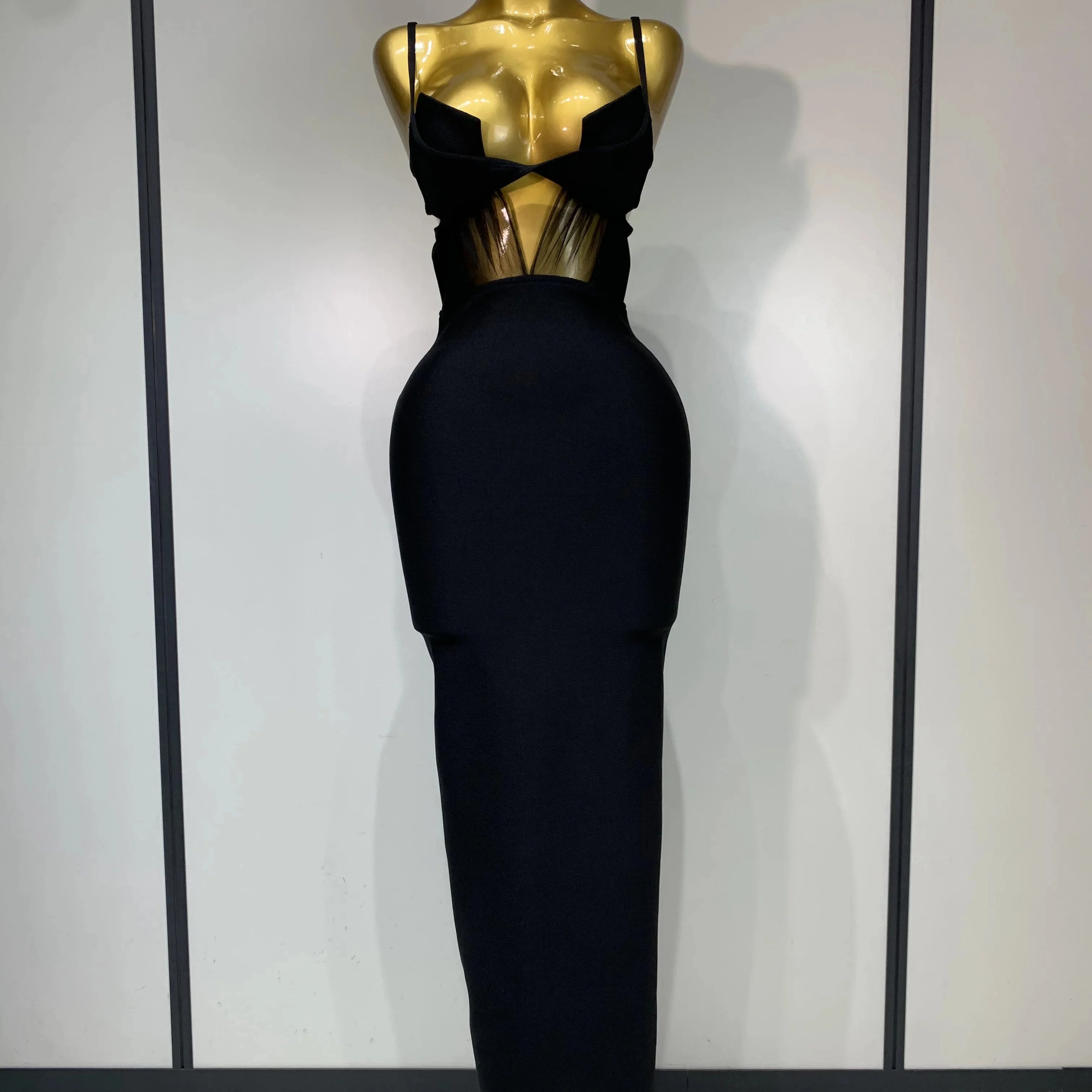 Fashion Black Spaghetti Strap Maxi Long Bandage Dress Mesh Cut Out Elegant Celebirty Bodycon Evening Club Party Birthday Dresses