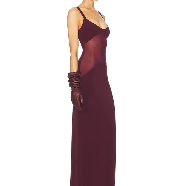 Luxury Women Celebrity Sexy Sleeveless Mesh Burgundy Maxi Long Gowns Dress 2025 Elegant Evening Party Club Vestido
