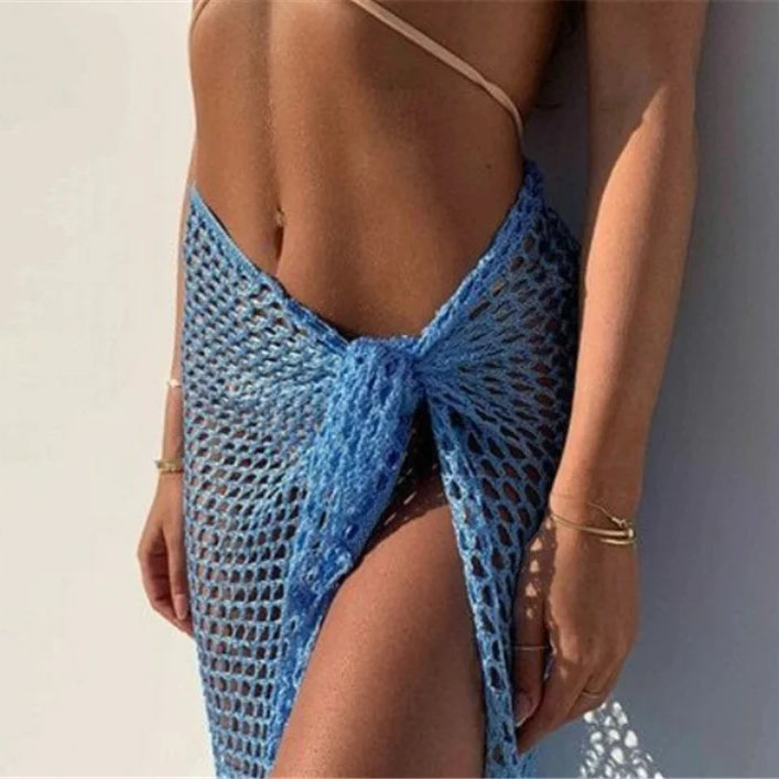 Women Long Skirts Beachwear Summer Holiday Hollow Out Sexy Fishnet Skirt Y2K Fashion Tie Up Bandage See Through Maxi Outfits Mini Blue Skirt One Size