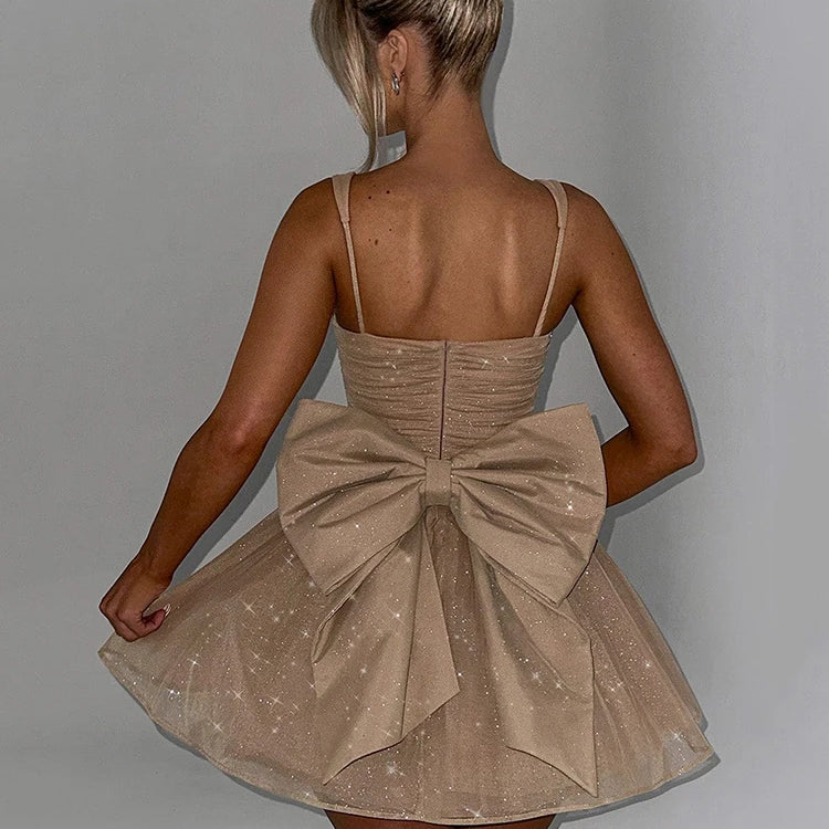 Vestido curto sexy com costas nuas e laço para mulheres, robe, alças finas, sem mangas, costas nuas, cintura alta, linha A, vestido de festa