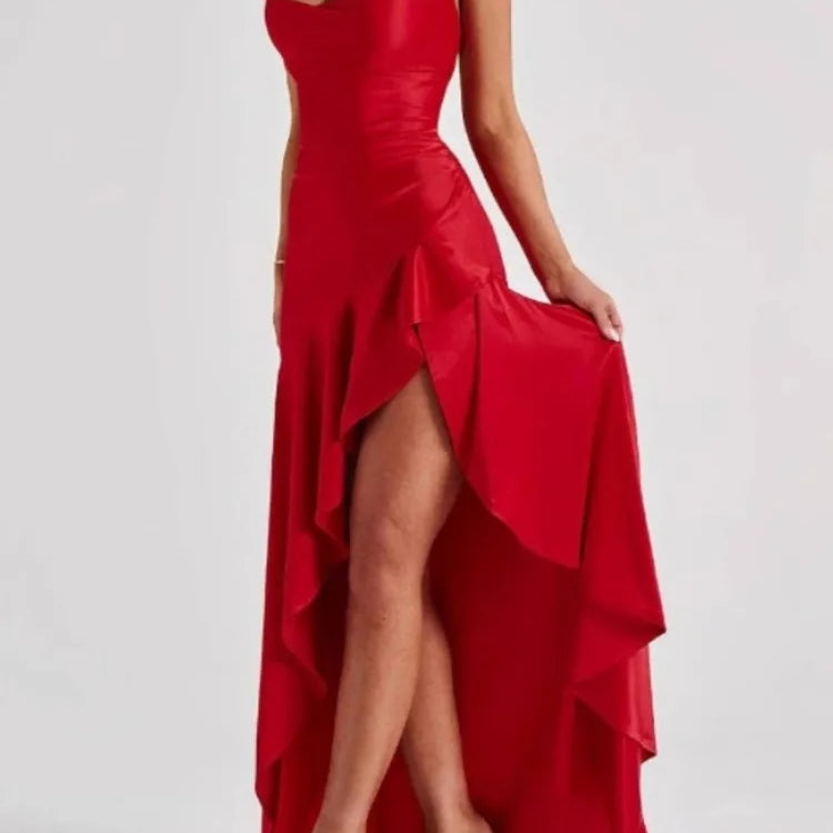 Satin Spaghetti Strap Ruffled Sexy Maxi Dress For Women Gown Red Off-shoulder Sleeveless Backless High Split Long Dress