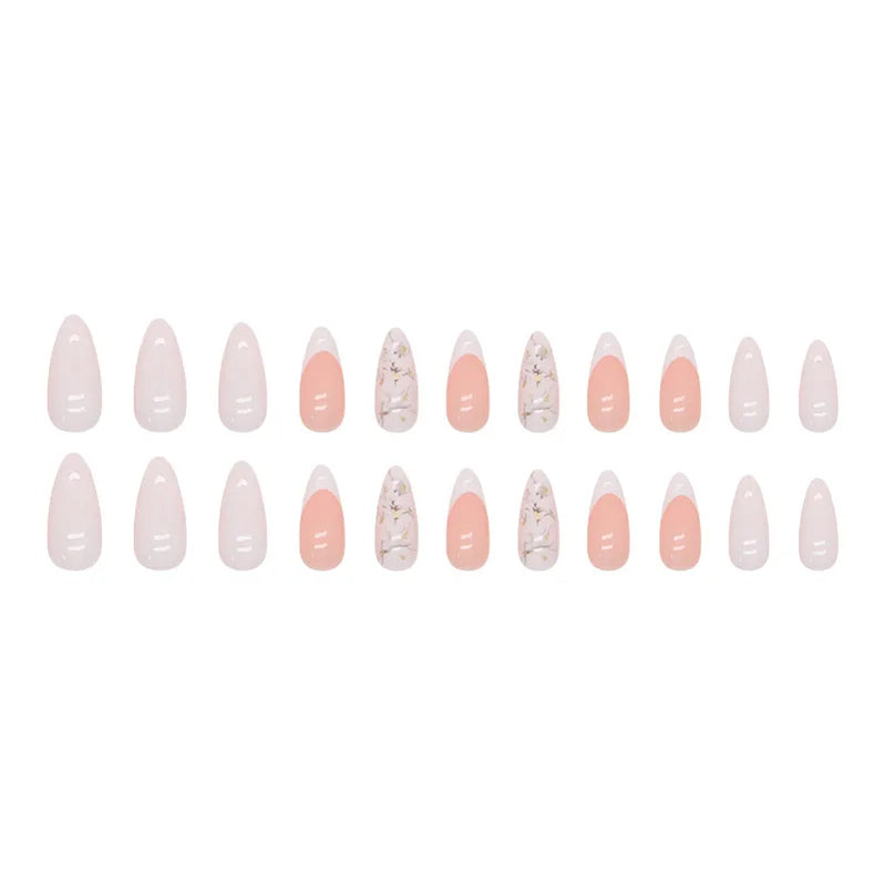 24pcs White French Gold Messy Lines Press on Nails Almond Simple Pink Fake Nails Full Cover Wearable False Nails