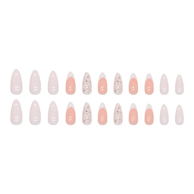 24pcs White French Gold Messy Lines Press on Nails Almond Simple Pink Fake Nails Full Cover Wearable False Nails