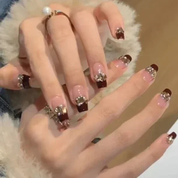 Shiny Crystal Glitter Powder Cat Eye Rhinestone Pearl Short Fake Nails Art Korean False Nails Zircon DIY Press on Nails Manicure