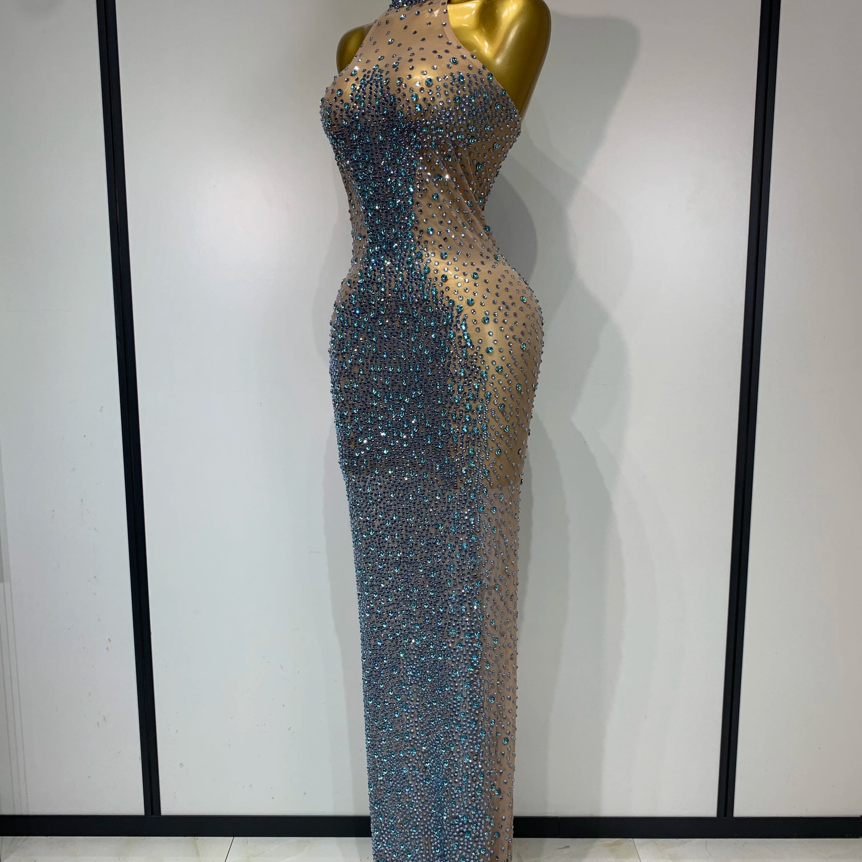 Sparkly Rhinestones Sleeveless Dress Sexy Mesh Transparent Celebrate Evening Wedding Prom Luxury Birthday Dresses Stage Outfit