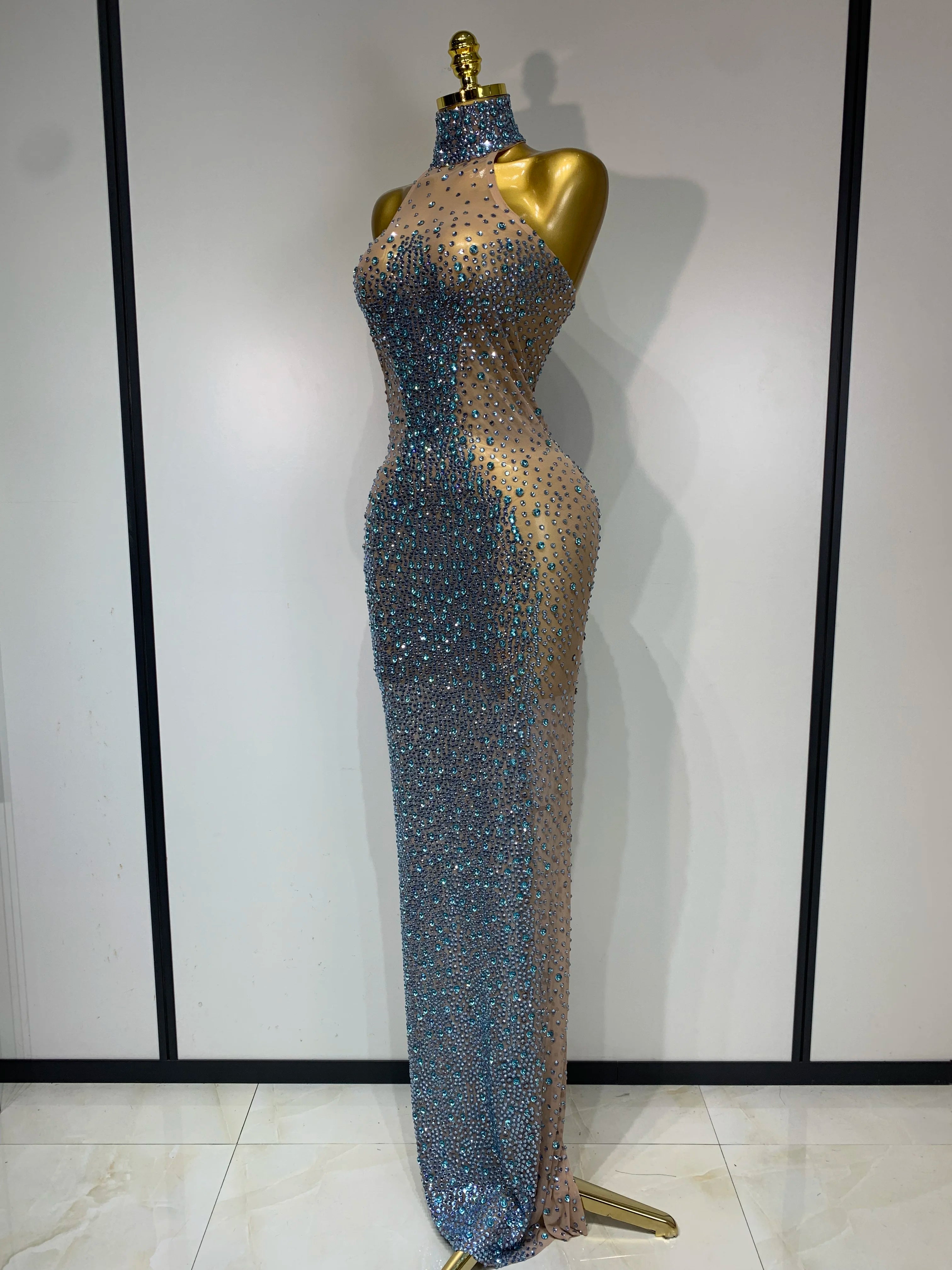 Sparkly Rhinestones Sleeveless Dress Sexy Mesh Transparent Celebrate Evening Wedding Prom Luxury Birthday Dresses Stage Outfit