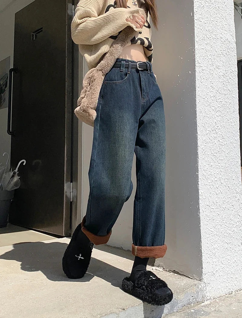 S-XL 2Colors Winter women long Straight wide leg denim pants Thick Warm High waist Denim jeans Trousers for womens+Belt