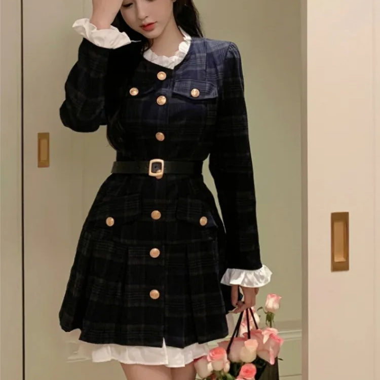 French Vintage Autumn Women Korean Fashion Elegant Party Mini Dress Female Long Sleeve Sweet One-piece Dress