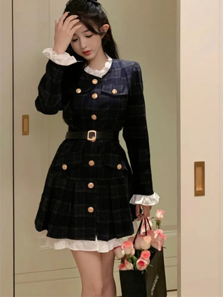 French Vintage Autumn Women Korean Fashion Elegant Party Mini Dress Female Long Sleeve Sweet One-piece Dress