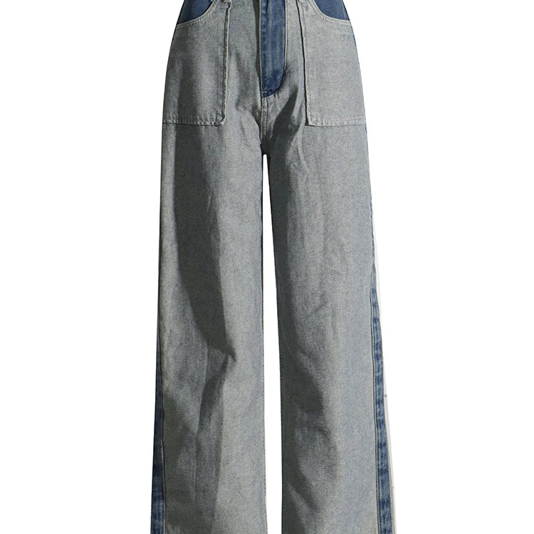 Patchwork Pockets Casual Denim Trousers For Women High Waist Spliced Button Hit Color Minimalist Loose Wide Leg Jeans Female
