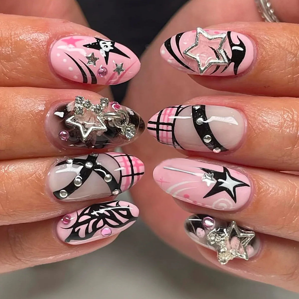 24pcs Gradient Black False Nails Art Y2k Leopard Print Design Long Almond Press on Nails Tips French Round Head Fake Nail Sets