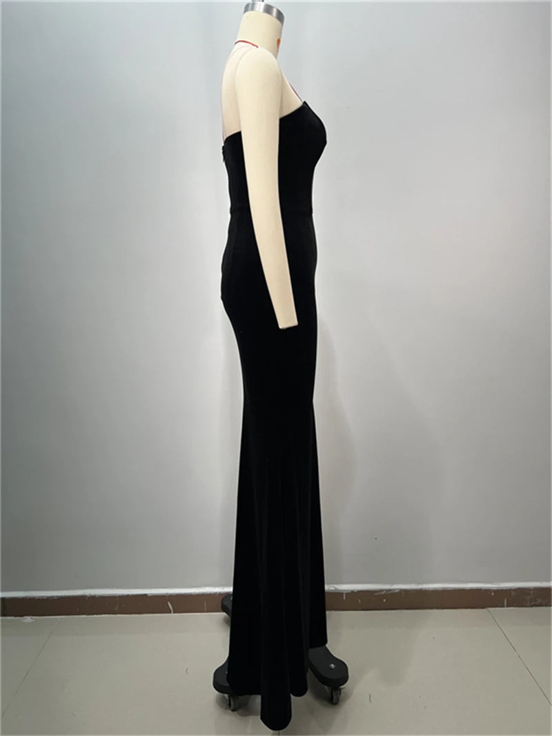 2025 Luxury Shining Diamonds Sexy High Slit Stapless black velvet Long Dress Elegant Woman Birthday Party Dress Goddess Vestido