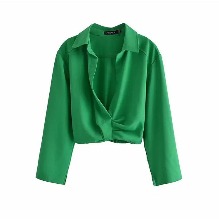 Spring Women Vintage Elegant Green Shirt Female Sexy V Neck Streetwears Blouses Casual Tie Slim Shirt Chic Top