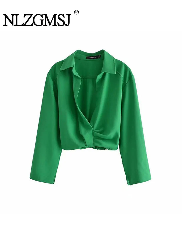 Spring Women Vintage Elegant Green Shirt Female Sexy V Neck Streetwears Blouses Casual Tie Slim Shirt Chic Top