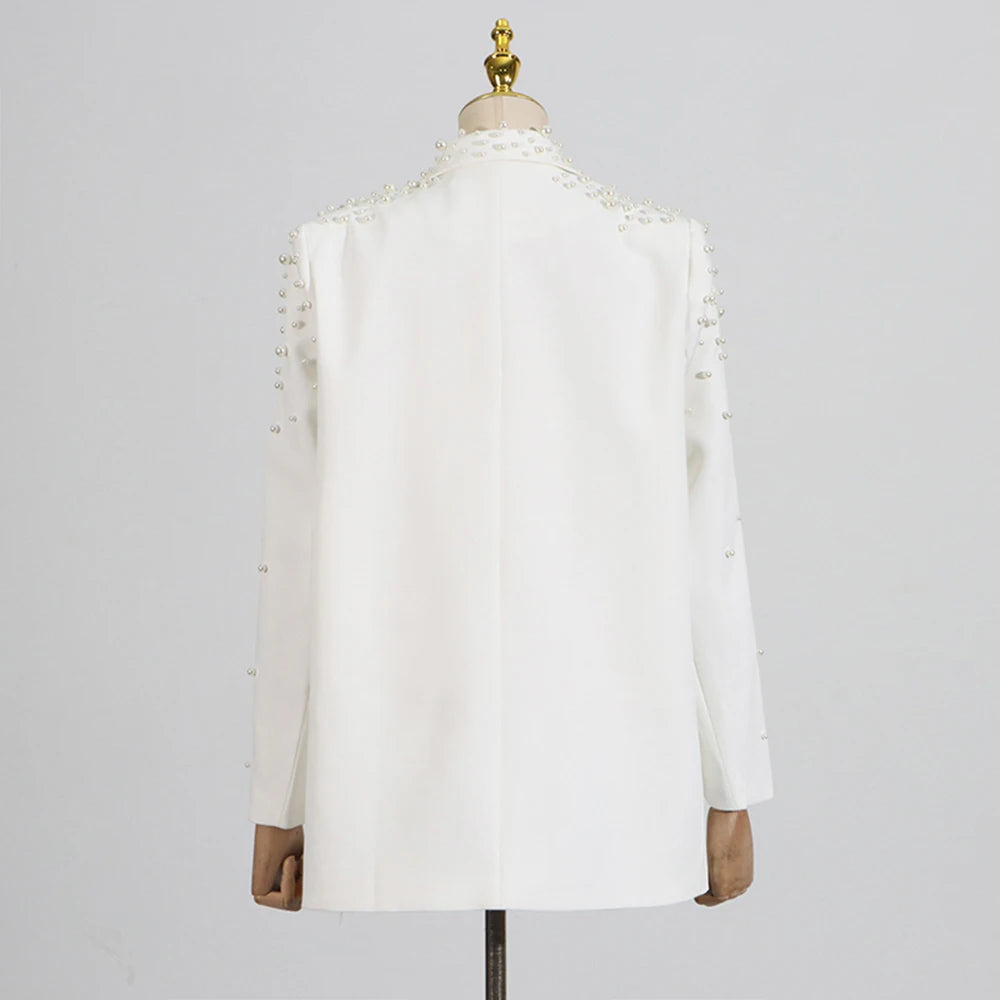 TWOTWINSTYLE Solid Loose Spliced Appliques Elegant Jackets for Women Lapel Long Sleeves Patchwork Bead Luxurious Jacket Female