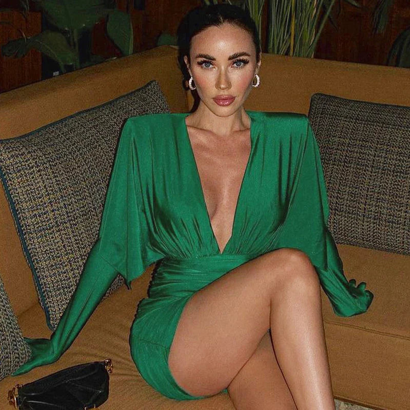 Cryptographic Fashion Sexy V Neck Bodycon Mini Dress for Women Elegant Gown Party Club Outfits Draped Gloves Dresses Clothes green
