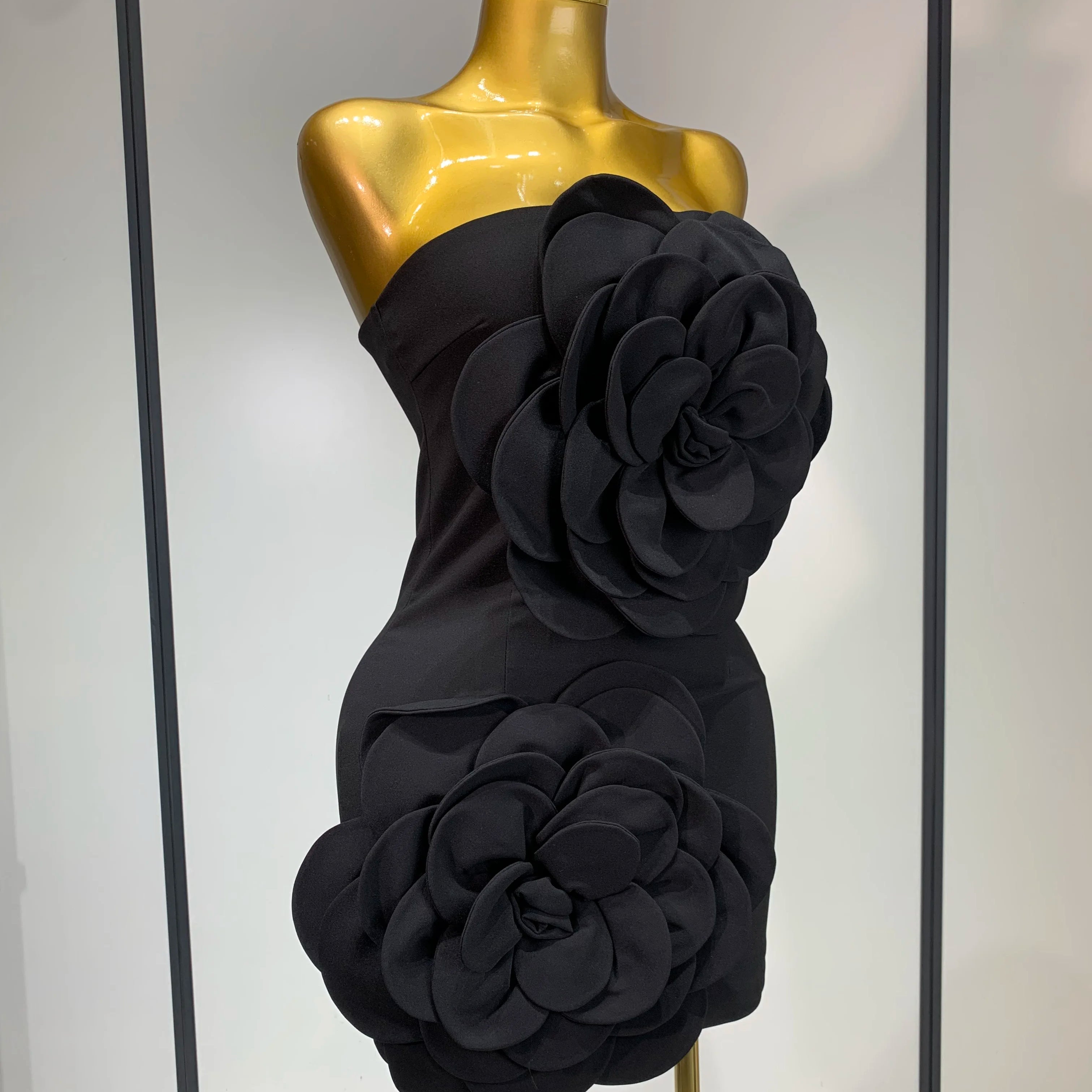 Women Sexy Strapless Backless Flower Black Mini Bodycon Dress 2025 Celebrity Elegant Evening Club Party Outfit Birthday Dresses