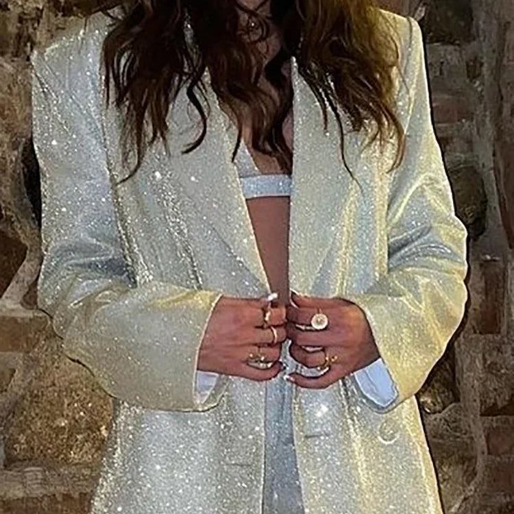 Fantoye Turn-down Collar Sequins Women Blazer Sets Silver Long Sleeve Tops Casual Pants Women Spring Loose Fashion Streetwear Coat