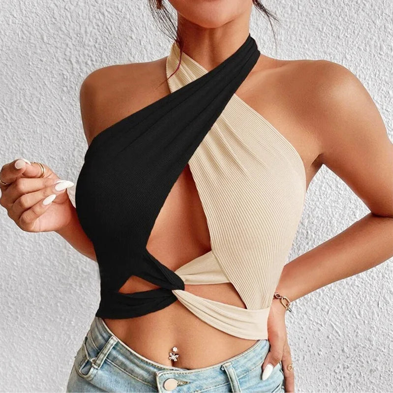 Women Summer Tank Tops Sexy Patchwork Cross Halter Neck Straps Hollow Crop Tops High Street Wear New Fashion