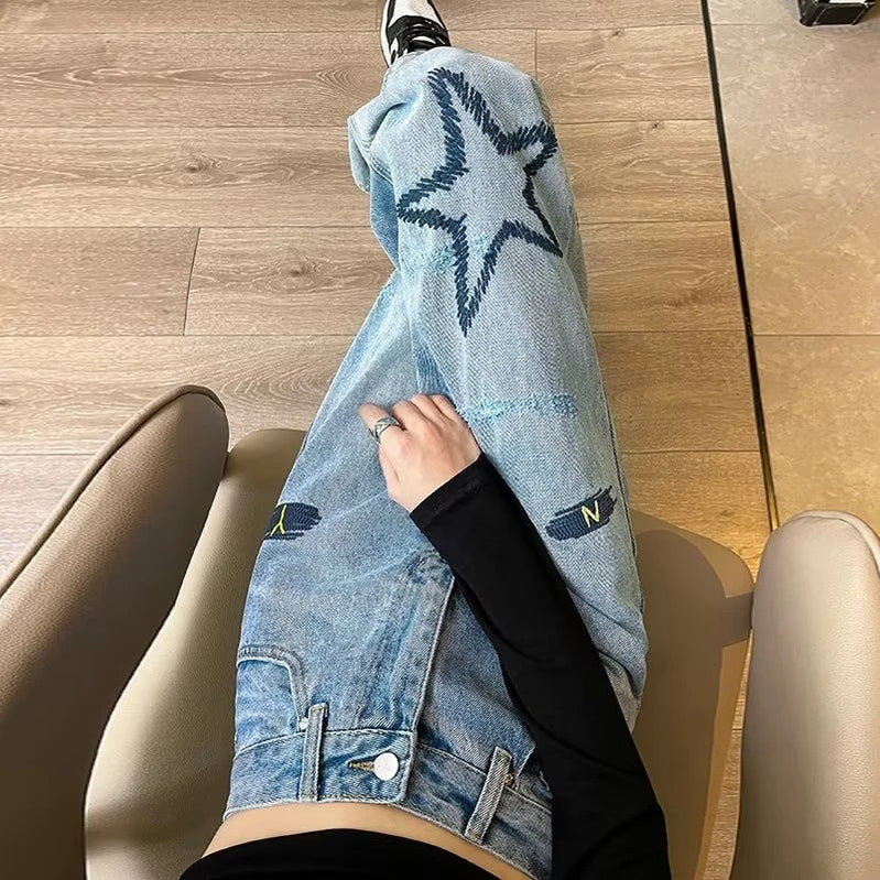 Y2K European and American women's light colored embroidered wide leg high waist straight leg loose mop jeans