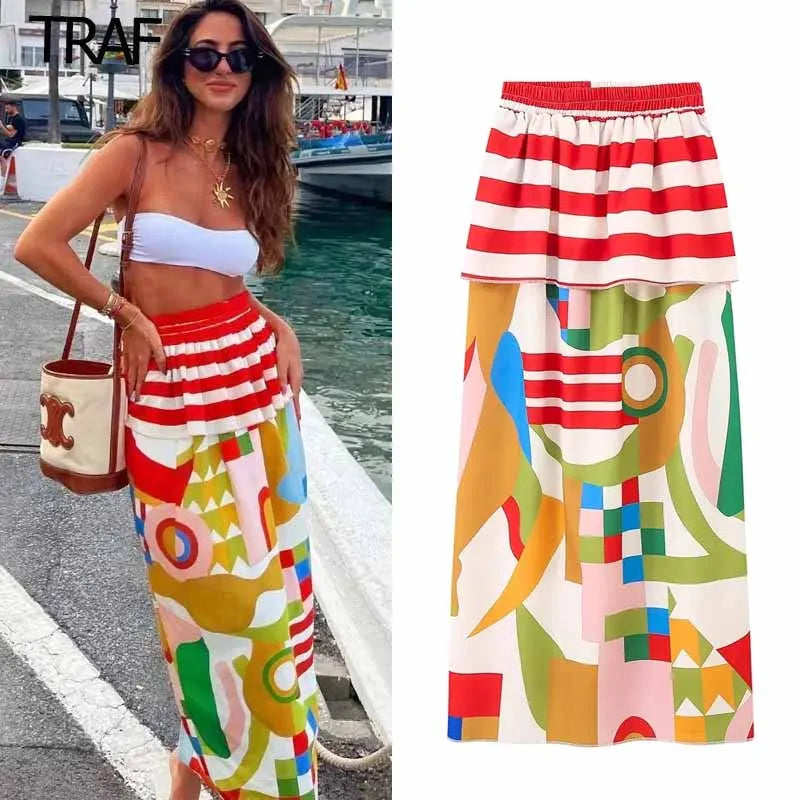 TRAF Print Skirts Women Summer Midi Skirt Ruffle Dress Elastic Waist Skirts Luxury Elegant Women's Skirts Aesthetic Skirts