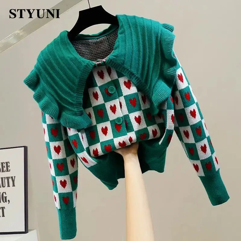 Kotak-kotak berbentuk hati Peter pan kerah akrilik rajutan lengan panjang sweater wanita korea fashion chic single breasted cardigan