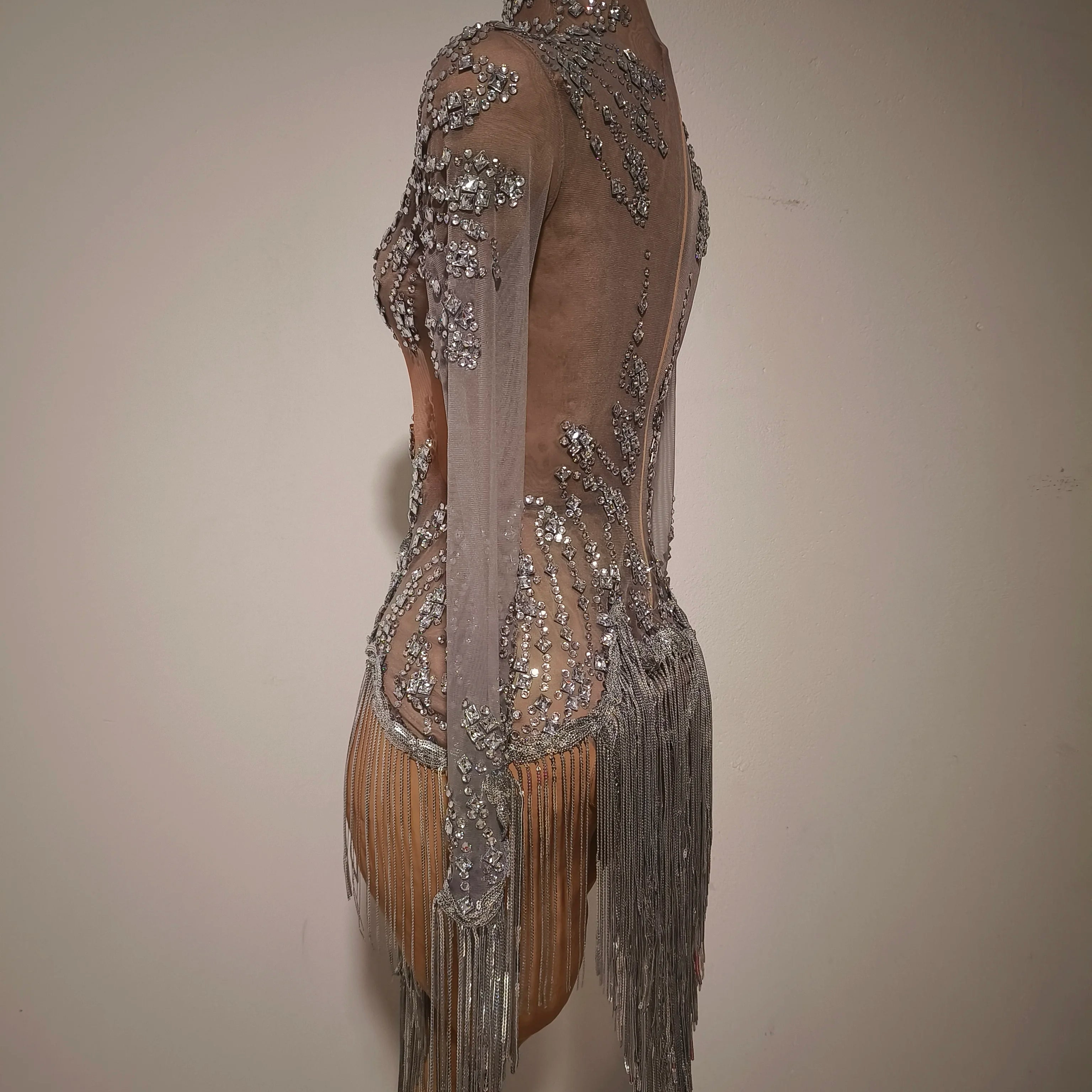 Women Sexy Mesh Silver Gray Crystal Stretchy Night Club Singer Dancer Tassel Dancer tage Costume Mini Party Dress