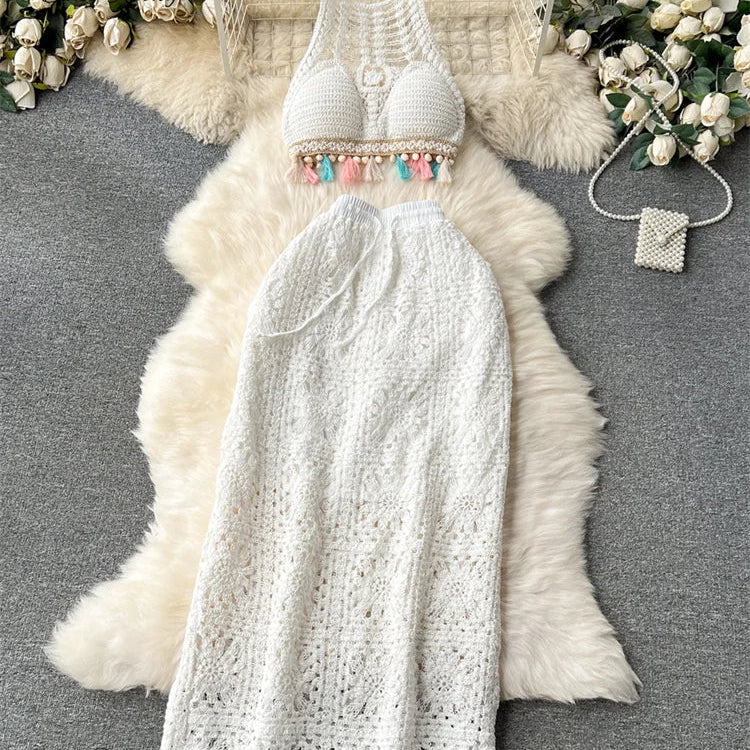SINGREINY Fashion Knitted Two Piece Sets Halter Tassel Short Sexy Top+Hook Flower Retro Skirt Bohemian Vacation Beach Style Suit white One Size