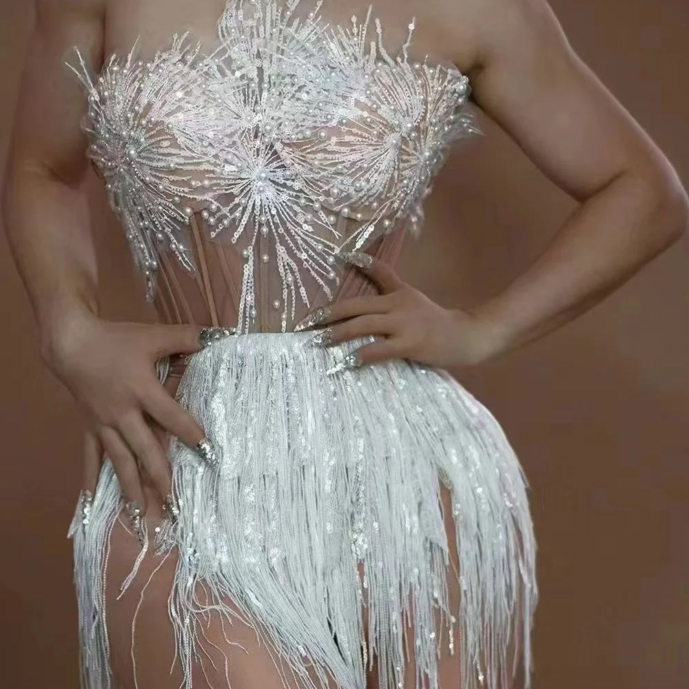 Shinning Sequins Tassels Sexy Halter Off the Shoulder 2 Pieces Bodycon Mini Dress Fashion Nightclub Party Performance Costume