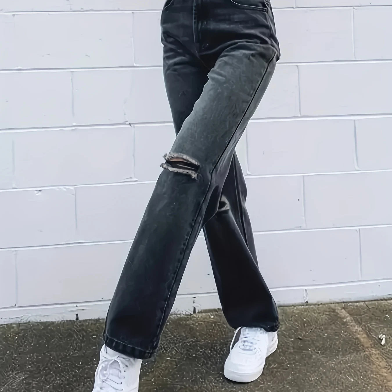 Black Ripped Holes Straight Jeans, Loose Fit Non-Stretch Washed Denim Pants, Women's Denim Jeans & Clothing