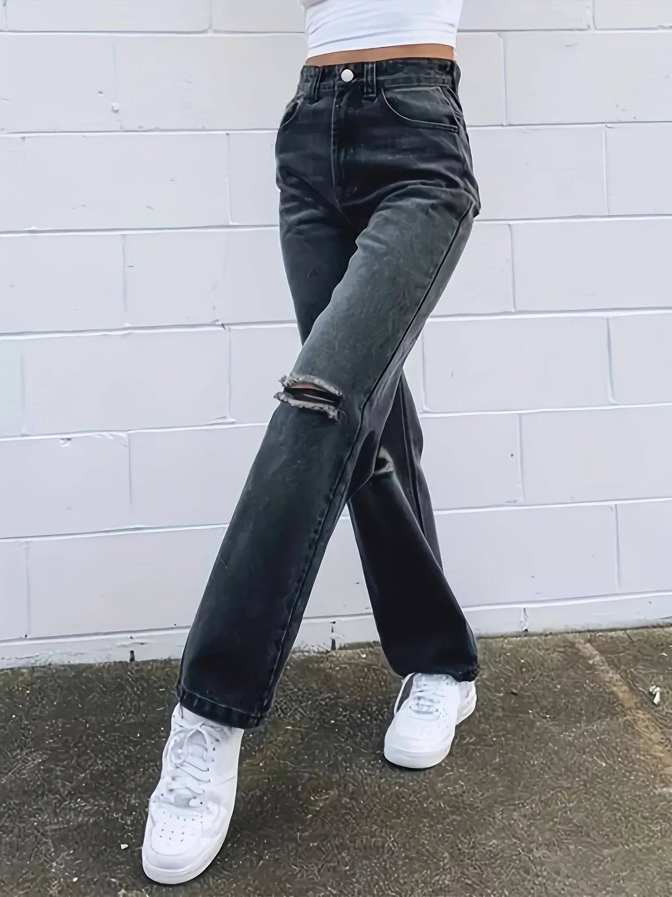 Black Ripped Holes Straight Jeans, Loose Fit Non-Stretch Washed Denim Pants, Women's Denim Jeans & Clothing