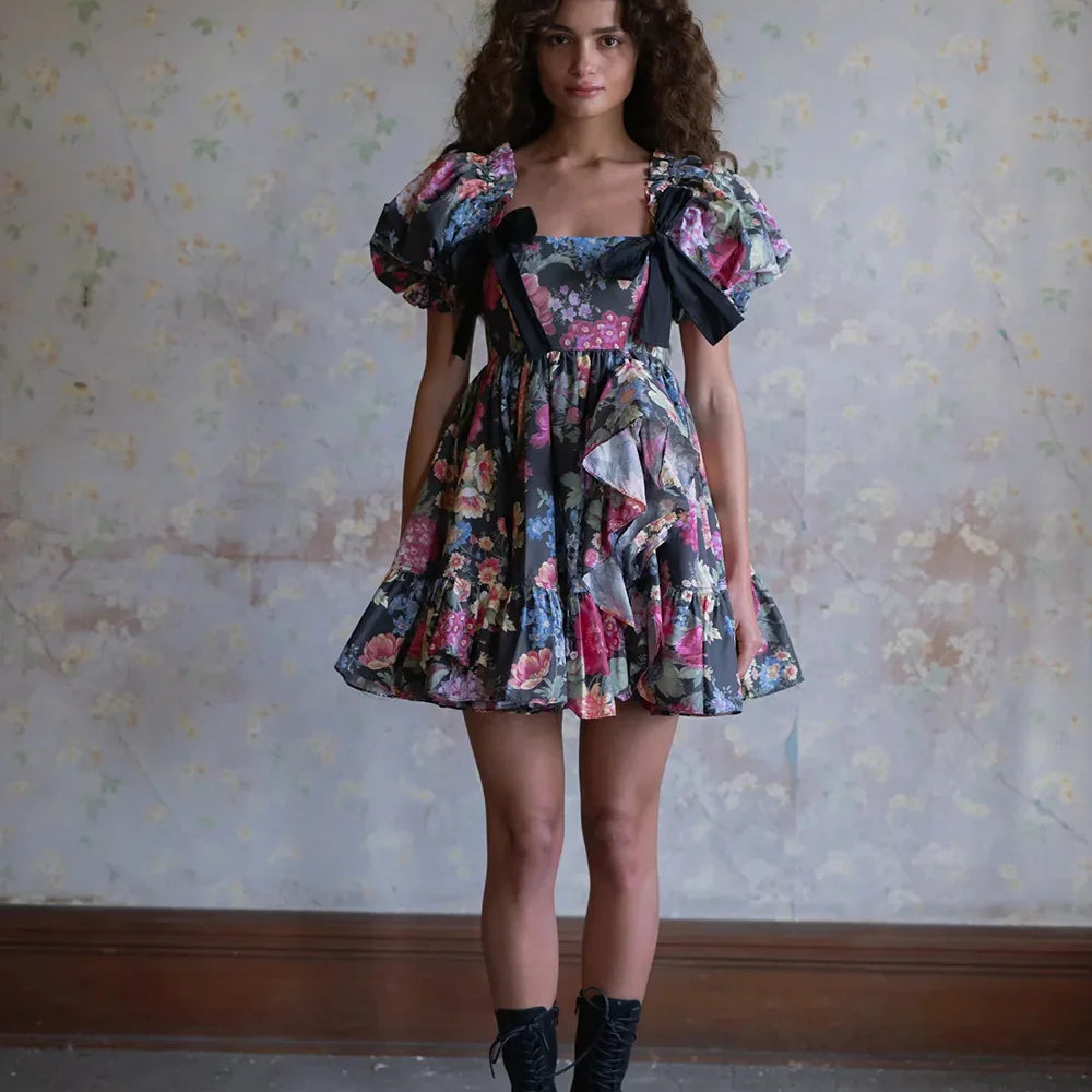 Women Short Sleeve Square Collar Ball Gown Mini Dress Print Color Celebrate Girls's Vacation Celebrate Birthday Outfit