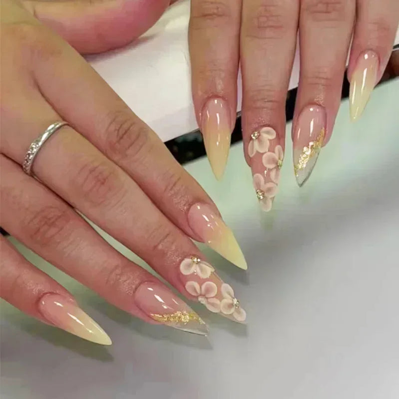 24Pc False Nails with Glue Almond Black Red Gradient Design Detachable Rhinestone Acrylic Fake Nail Long Stiletto Press on Nails