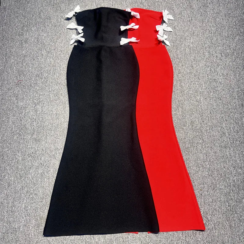 Red Black Women Sexy Off the Shoulder Bow Bodycon Bandage Long Dress Fashion Celebrate Evening Party Nightclub Wear