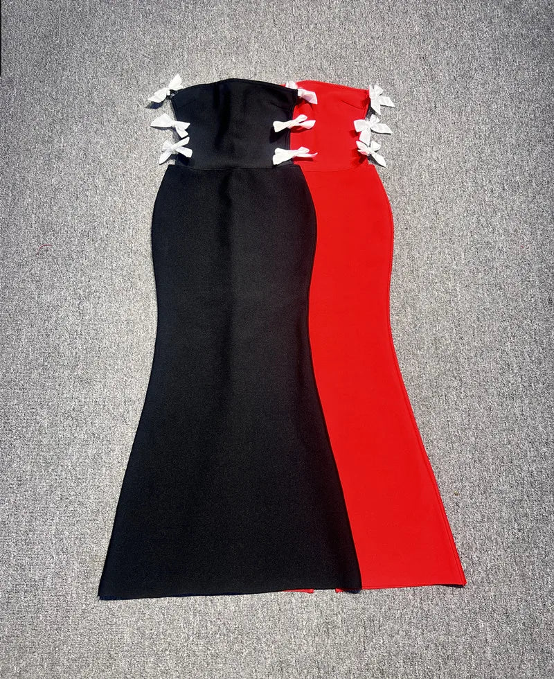 Red Black Women Sexy Off the Shoulder Bow Bodycon Bandage Long Dress Fashion Celebrate Evening Party Nightclub Wear